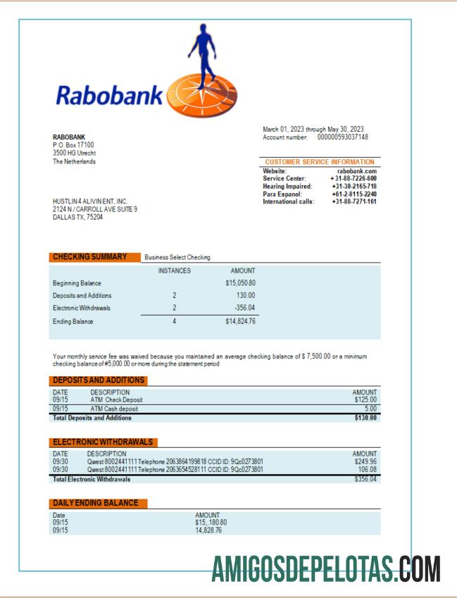 Realista Rabobank Bank Organization Extracto de conta modelo Word e PDF